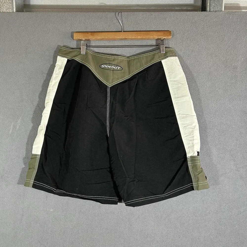 Sideout Vintage Board Shorts Mens 34 Black Olive Surf Swim Trunks Y2K Skater